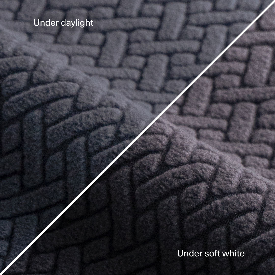 Classic pattern fabric swatch in Metal Grey shown under daylight and under soft white light