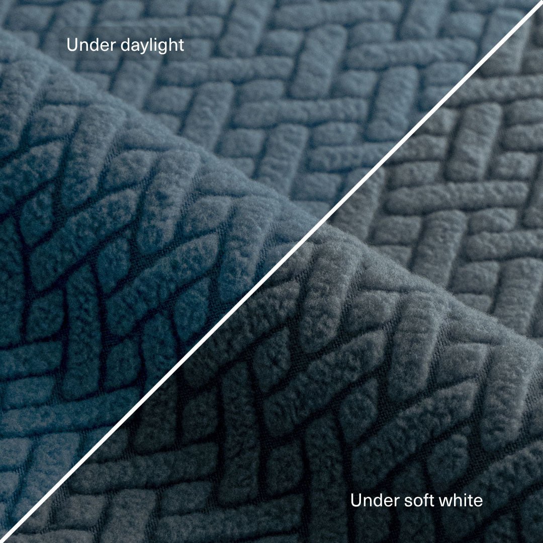 Classic pattern fabric swatch in Steel Blue compared under daylight and soft white light