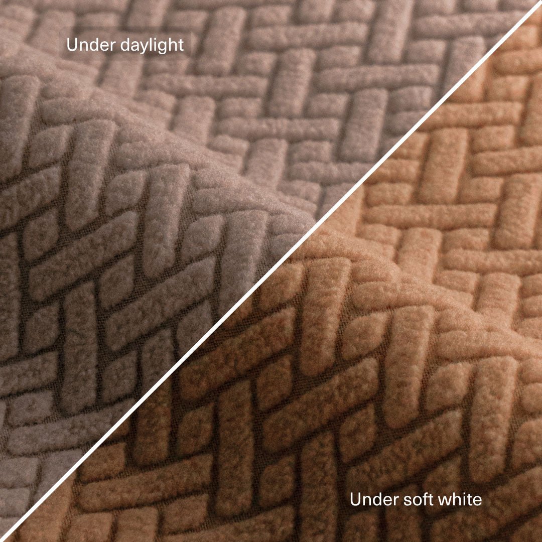 Classic pattern fabric swatch in Taupe White compared under daylight and soft white light