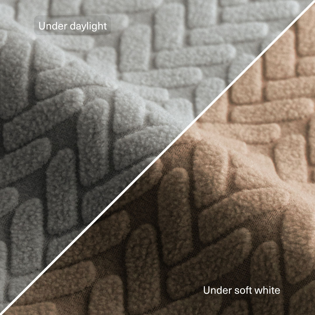 Wheat pattern Magic Sofa Swatch in Chrome Grey compared under daylight and under soft white light
