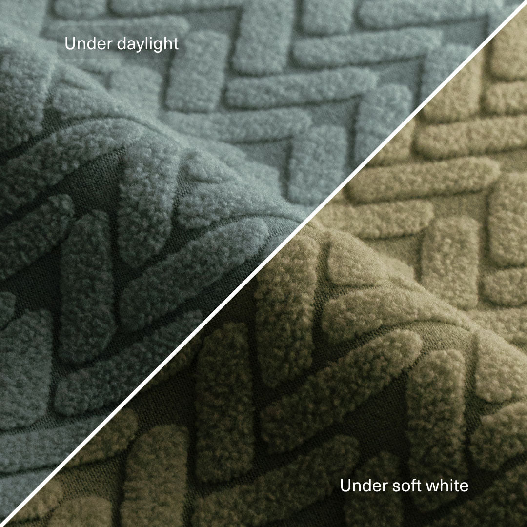 Wheat pattern Magic Sofa Swatch in Cypress Green compared under daylight and under soft white light