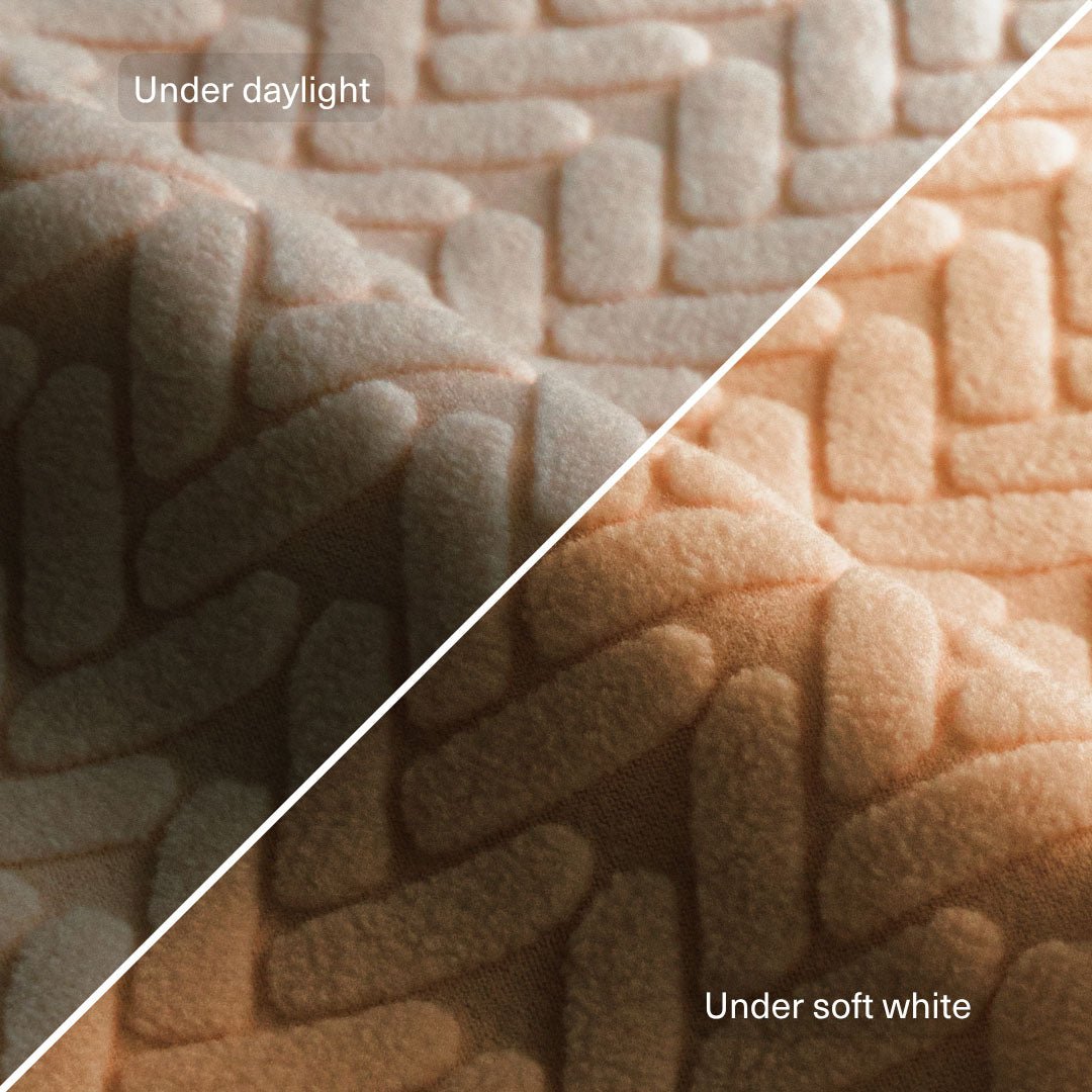 Wheat pattern Magic Sofa Swatch in Ivory Beige compared under daylight and under soft white light