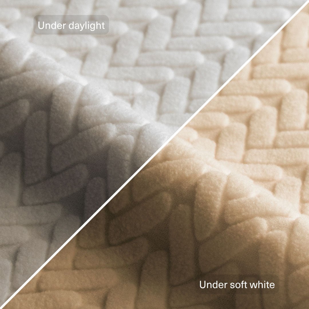 Wheat pattern fabric swatch in Jade White shown under daylight and soft white light