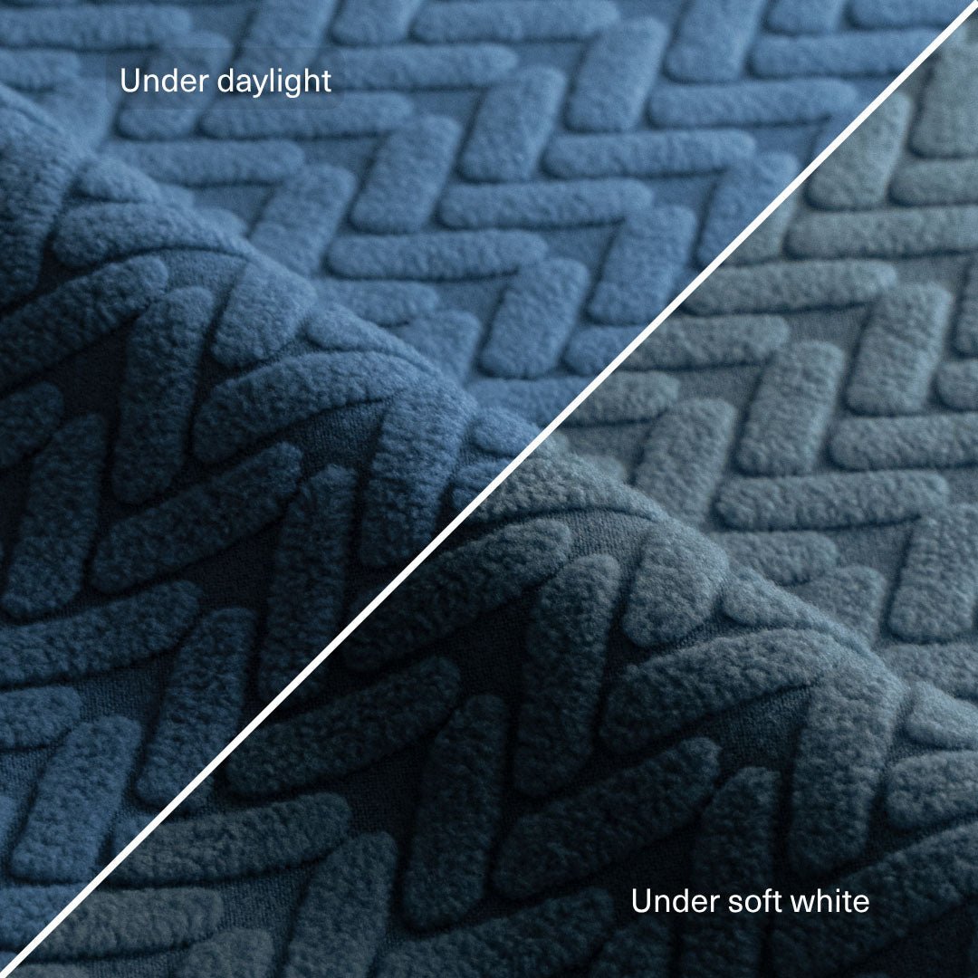 Wheat pattern fabric swatch in Steel Blue shown under daylight and soft white light