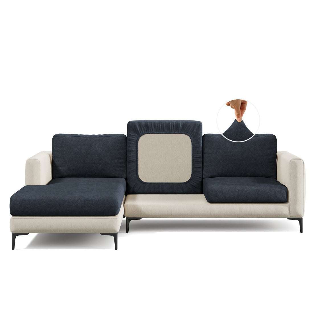 Smore faux suede Miracle Sofa Cover in Sesame on a sectional sofa, white background
