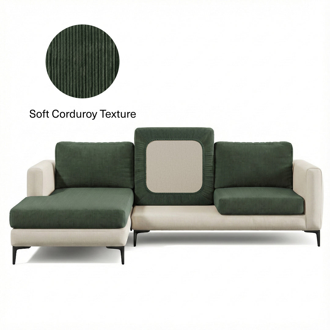 Miracle Sofa Cover Corduroy in Kale on a sectional sofa