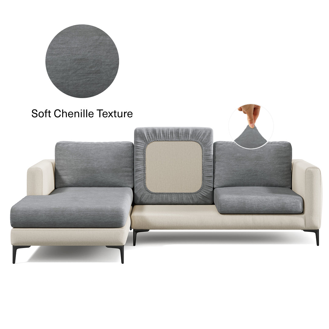 Miracle Sofa Cover Plush in Sesame on a sectional sofa