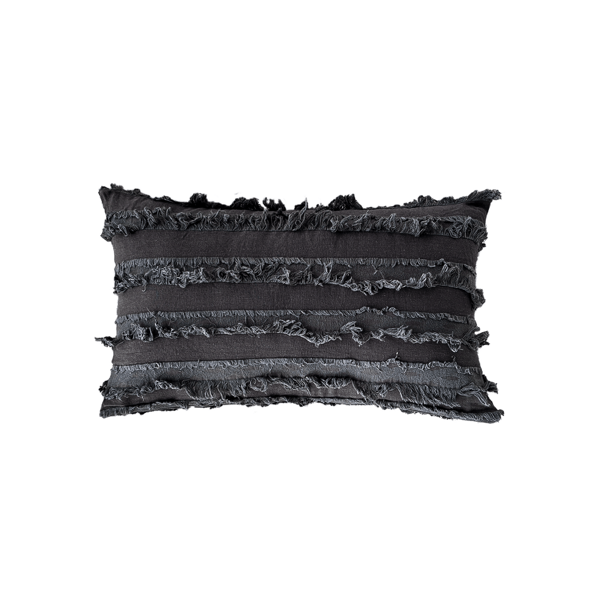 Reeve lumbar pillow cover in Ash with rows of frayed fringe on a white background