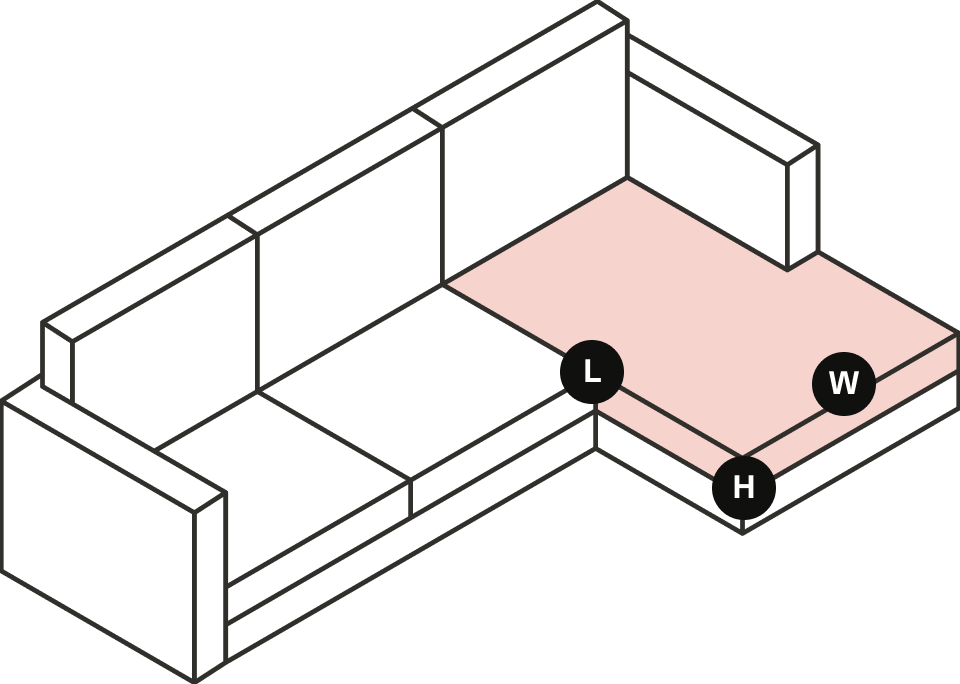 Sofa drawing with the chaise cushion shaded. L is its length, W its width and H its height.