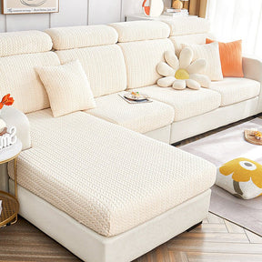 Beige dog couch cover in a contemporary living room setting.