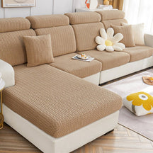 Brown grey dog couch cover in a contemporary living room setting.