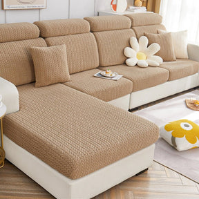 Brown grey dog couch cover in a contemporary living room setting.