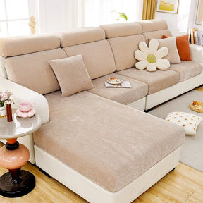 Brown waterproof couch cover in a contemporary living room setting.